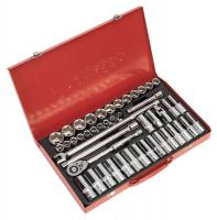 Sealey Socket Set 46 1/2 with accessories, systems and DuoMetric WallDrive, in a metal box.